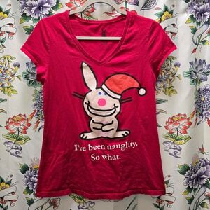 Happy Bunny‎ Red I've been naughty So what V-Neck T-Shirt Junior XL Santa Hat